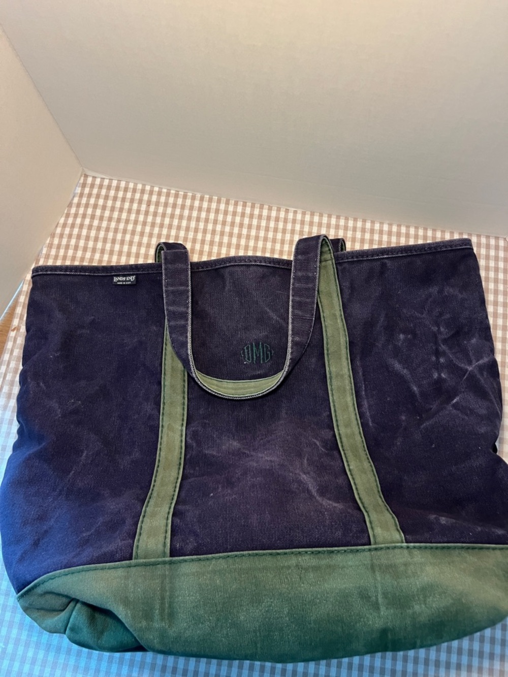 Extra Large Land's End Canvas Vintage Distressed Tote Bag In Blue And Green